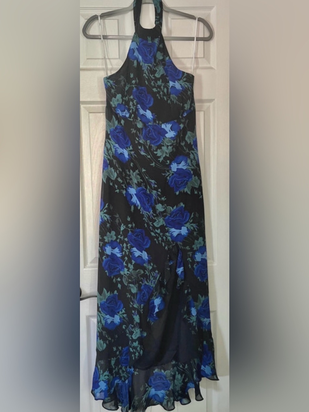 NWT Lulu's Black Halter Maxi Dress with Blue Floral Print Dress L